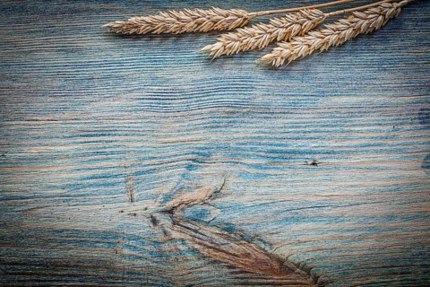 Ripe wheat rye ears on vintage wooden board top view