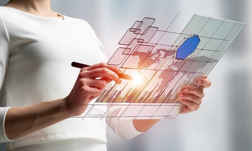 Woman hand touching virtual screen with pen. Online project management and financial diagrams