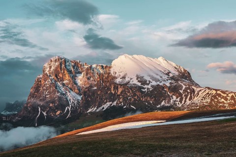 Panoramic view of the Langkofel Group from Seiser Alm in the Dolomites in South Tyrol, Italy,