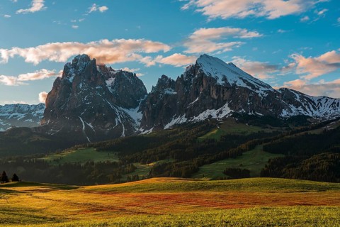 Panoramic view of the Langkofel Group from Seiser Alm in the Dolomites in South Tyrol, Italy,
