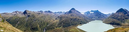 Panorama from the Bielerkopf to the Silvretta reservoir, Hohes Rad, Ochsental glacier and Piz Buin