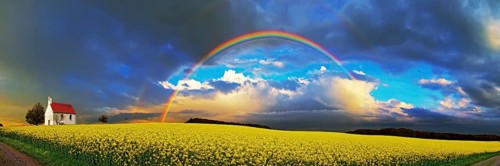 Panorama, chapel and rainbow over a rapeseed field
