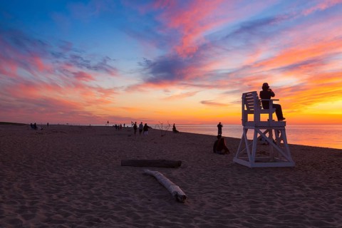Stunning sunset on the empty beach, Cape Cod, USA, North America