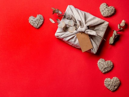 Zero waste, Valentine's Day eco-friendly gift wrapping in Furoshiki style with dry eucalypt and