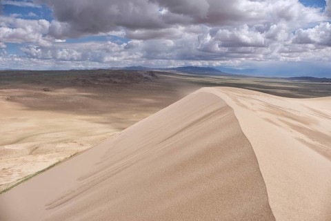 Barkhans in Mongolia. Sandy dune desert Mongol Els near lake Durgen Nuur. Khovd province, Western