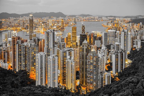 Skyscrapers of Hong Kong which is visible from the Victoria Peak. Shooting Location: Hong Kong