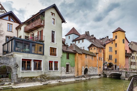 Historic houses along the Thiou river in Annecy old town, France, Europe