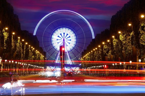 Champs Elysees in Paris and Concorde sunset at France