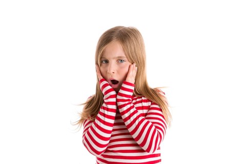 Blond kid girl sad surprised gesture expression gesture hands in face on white