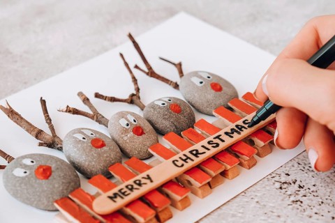 Step by step. Top view. Process kid children craft. Do it yourself Diy Merry Christmas deer on