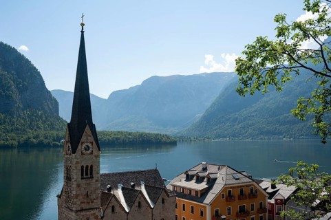 18.06.2019, Hallstatt, Upper Austria, Austria, Europe, View of the small village with church, Lake