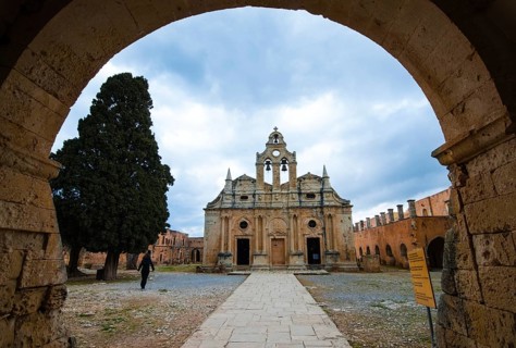 Crete, Greece, April 4, 2015: Exterior view of the famous Arkadi Christian orthodox monastery near