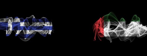 Flags of Greece and UAE on Black background, Greece vs United Arab Emirates Smoke Flags