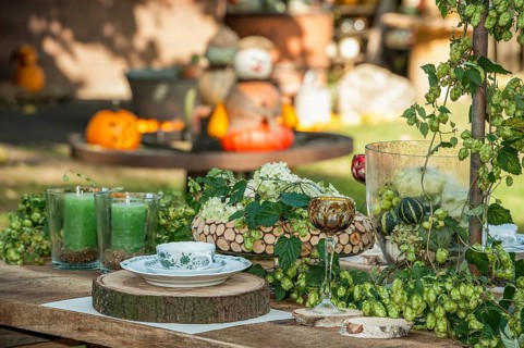 Autumnal decorated table with candles, flowers and vegetables outdoors, borken, münsterland,