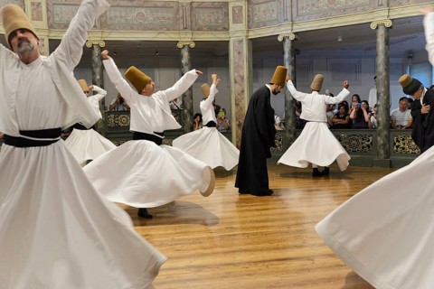 Dancing dervishes, Dervish dance Sema, Mevlevihanesi Müzesi at Istiklal Caddesi, Istanbul, European