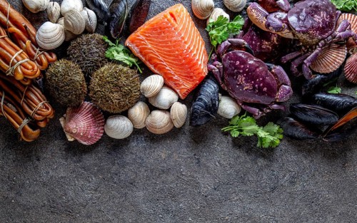 Food, Food, PACIFIC SEAFOOD. Fresh salmon, crabs ostions clams mussels, seaweed cochayuyo, sea