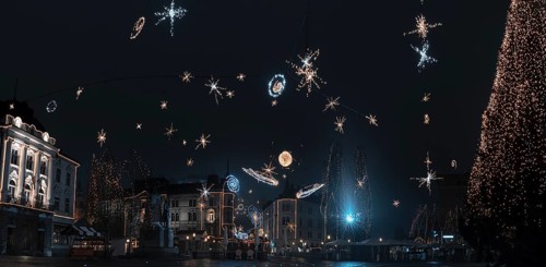 Panorama with the city center of Ljubljana, capital of Slovenia, decorated with Christmas lights,