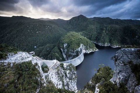 View of the Gordon Dam on a cool summer's day. It is a unique double curvature concrete arch dam