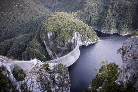 View of the Gordon Dam on a cool summer's day. It is a unique double curvature concrete arch dam