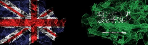Flags of Union Jack and Saudi Arabia on Black background, Union Jack vs Saudi Arabia Smoke Flags