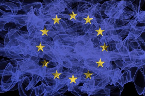 EU smoke flag on black background, EU flag