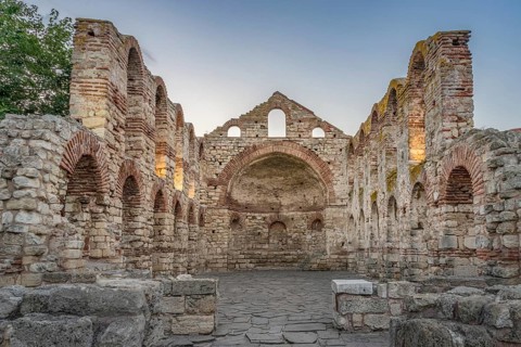 The Church of Saint Sofia or Old Bishopric at sunrise in Nessebar ancient city. Nesebar, Nesebr is