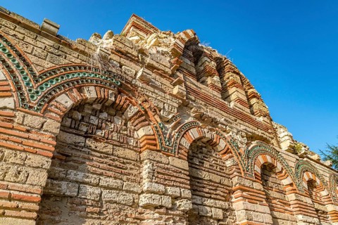 Details of the Church of Christ Pantocrator in Nessebar ancient city. Nesebar, Nesebr is a UNESCO