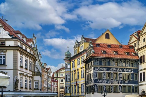 Square in Prague old town with historical houses, Czech republic