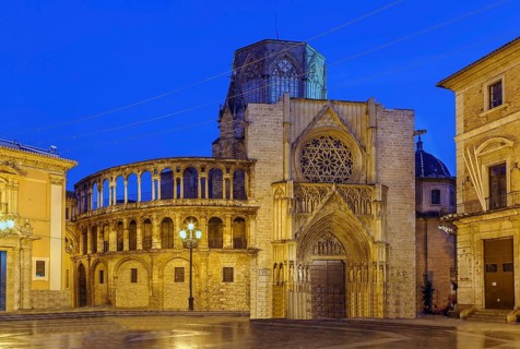Valencia Cathedral or Basilica of the Assumption of Our Lady of Valencia, Spain. In evening