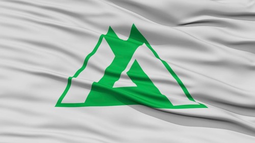 Closeup Toyama Japan Prefecture Flag, Waving in the Wind, High Resolution