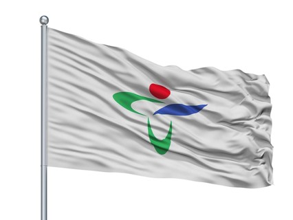 Tatsuno City Flag On Flagpole, Country Japan, Hyogo Prefecture, Isolated On White Background