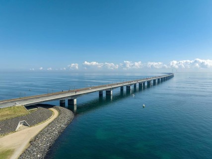 Aerial view of the Great Belt Bridge in Denmark. It connects the islands of Funen and Sealand
