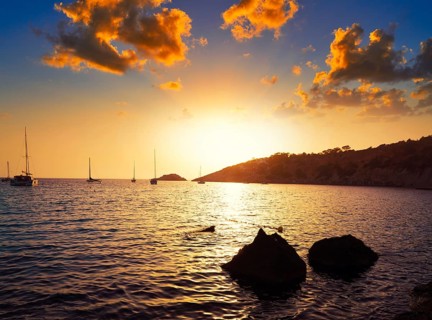 Ibiza cala d Hort with Es Vedra islet sunset in Sant Josep of Balearic Islands