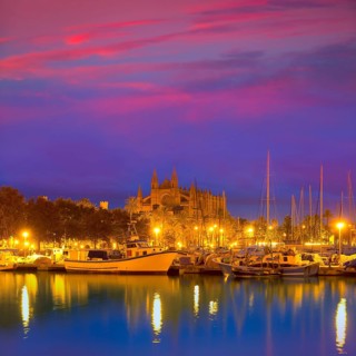 Palma de Mallorca sunrise with Cathedral and port in Majorca Balearic islands of spain