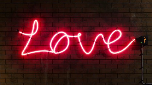 Love sign neon letters at a brick wall 3D illustration