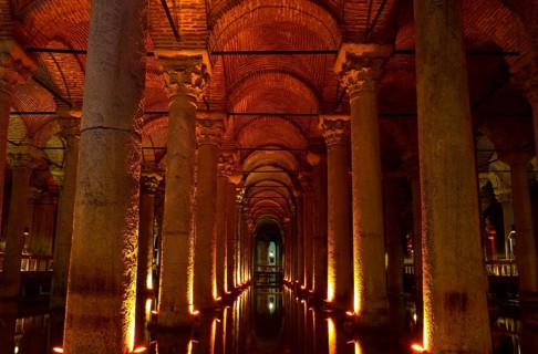 Illuminated cistern of the sunken palace basilica, Istanbul, Turkey Istanbul, Turkey, Asia