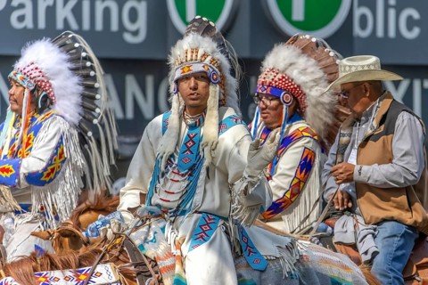 Calgary, Alberta, Canada. July 7, 2023. Close up to a First Nations people wearing traditional
