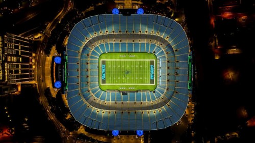 Night aerial view of the Bank of America Stadium, home of the National Football League Carolina