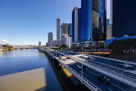 BRISBANE, AUSTRALIA, JULY 29 2023: Brisbane CBD skyline on a winter's morning from Victoria Bridge