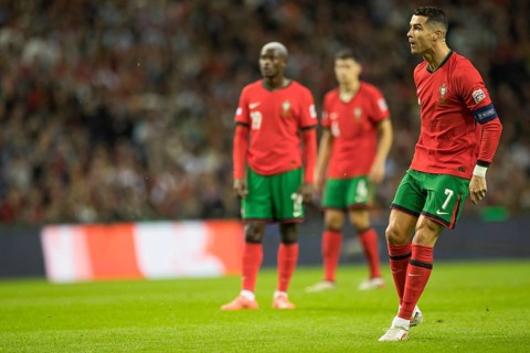 Football match, captain Cristiano RONALDO CR7 Portugal has just taken a free kick with his right