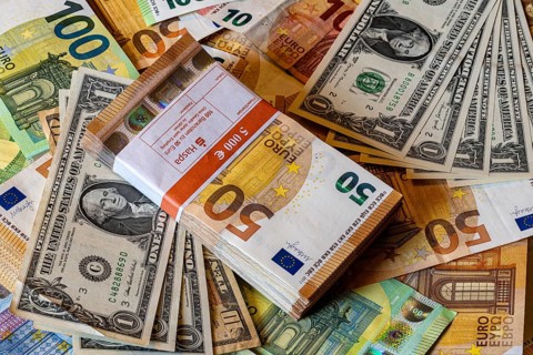 Banknotes, euros and US dollars, piles and bundles