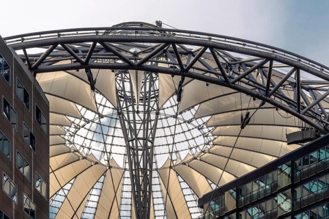 Berlin, Germany, July 28, 2019: Low angle view of the Sony Center. It is a Sony-sponsored building