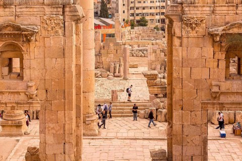 Jerash, Jordan, November 7, 2022: People visiting Gerasa ancient roman city, archs and ancient