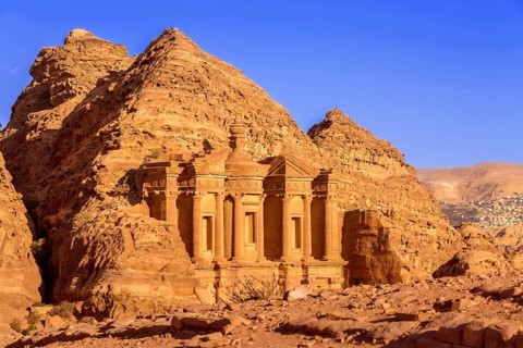 Ad Deir Monastery in the ancient city of Petra, Jordan sunset panoramic view, UNESCO World Heritage