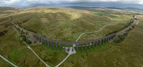Ribblehead Viaduct, railway viaduct in the Yorkshire Dales, drone image, Carnforth, England, Great