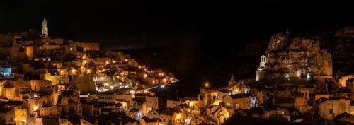 Famous cave church Saint Mary of Idris and the cathedral of Matera at night, Italy, Europe