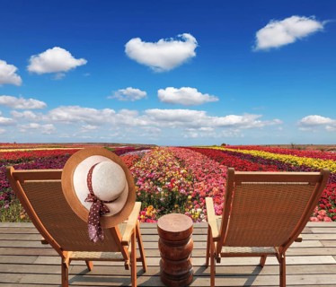 Two chaise lounges for rest stand on a scaffold at a picturesque flower field. On one chaise lounge
