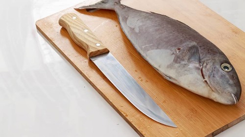 A horseface unicorfish or naso fageni fish and a knife on a wooden cutting board ready for cooking