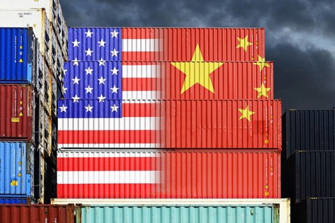 Stacked containers with flags of USA and China, photomontage