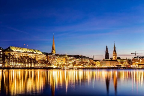 Hamburg Binnenalster and skyline during the twilight hour